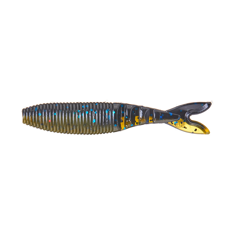 The Yamamoto Zako Slim by Yamamoto is a soft plastic lure with a fish shape, ribbed texture, forked tail, and green, black, and blue colors with glitter—ideal for finesse setups or use as a trailer on chatterbaits.