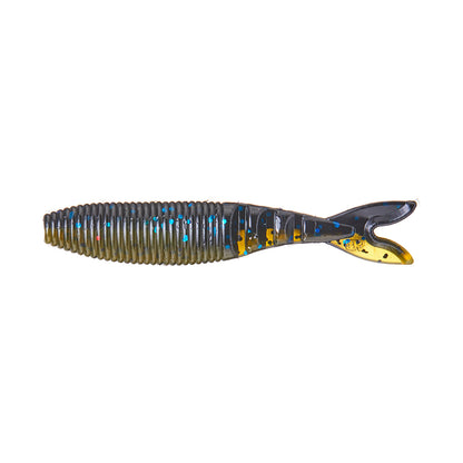 The Yamamoto Zako Slim by Yamamoto is a soft plastic lure with a fish shape, ribbed texture, forked tail, and green, black, and blue colors with glitter—ideal for finesse setups or use as a trailer on chatterbaits.