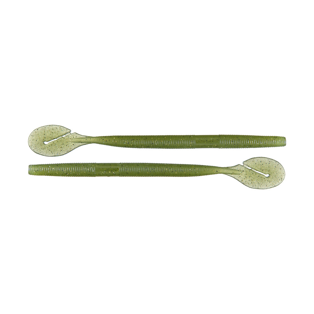 Two green Yamamoto Speed Senko soft plastic fishing lures with ribbed bodies and paddle-shaped tails, ideal for bass fishing techniques, are shown side by side on a white background.