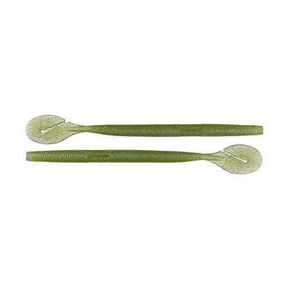 Two green Yamamoto Speed Senko soft plastic fishing lures with ribbed bodies and paddle-shaped tails, ideal for bass fishing techniques, are shown side by side on a white background.