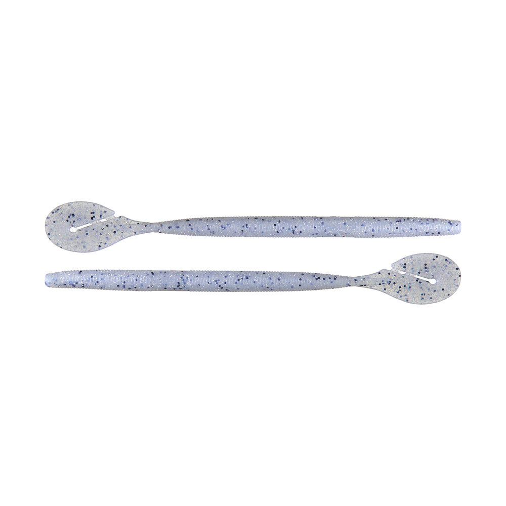 Two Yamamoto Speed Senko soft plastic worms by Yamamoto, light purple with black and blue specks and round paddle tails, are shown on a white background—ideal for fishing grass or attracting big bass.