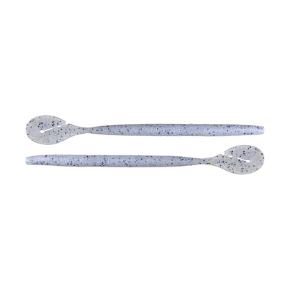 Two Yamamoto Speed Senko soft plastic worms by Yamamoto, light purple with black and blue specks and round paddle tails, are shown on a white background—ideal for fishing grass or attracting big bass.