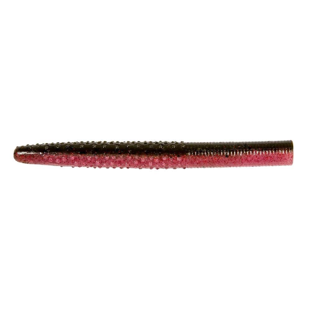 A close-up of the Z-Man Big TRD lure, made with ElaZtech, showcases a two-toned worm-like design. It features a dark brown top and pink bottom with a textured surface, making it ideal for finesse fishing to attract even the wariest fish.