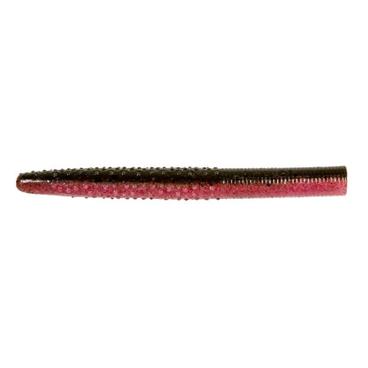 A close-up of the Z-Man Big TRD lure, made with ElaZtech, showcases a two-toned worm-like design. It features a dark brown top and pink bottom with a textured surface, making it ideal for finesse fishing to attract even the wariest fish.
