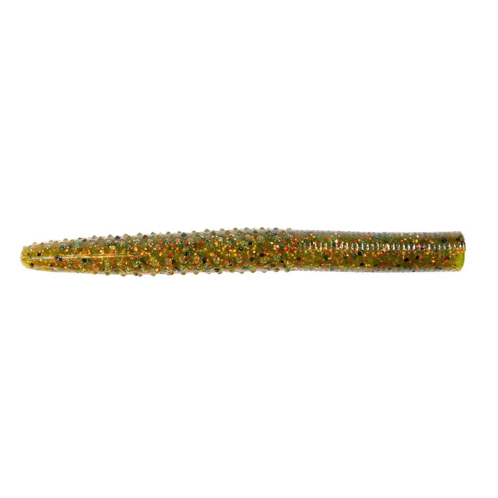 A close-up of Z-Man's Big TRD fishing lure features a worm shape with ElaZtech construction, showcasing a greenish-brown design enhanced by vibrant orange and green speckles, ideal for finesse fishing with diverse texture and color on its surface.