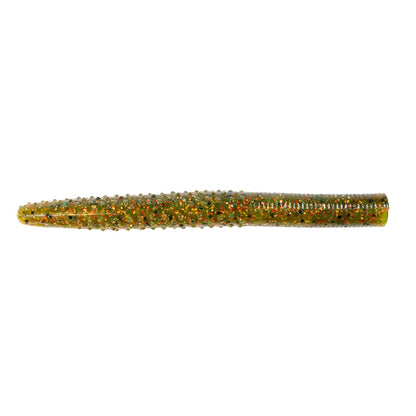 A close-up of Z-Man's Big TRD fishing lure features a worm shape with ElaZtech construction, showcasing a greenish-brown design enhanced by vibrant orange and green speckles, ideal for finesse fishing with diverse texture and color on its surface.