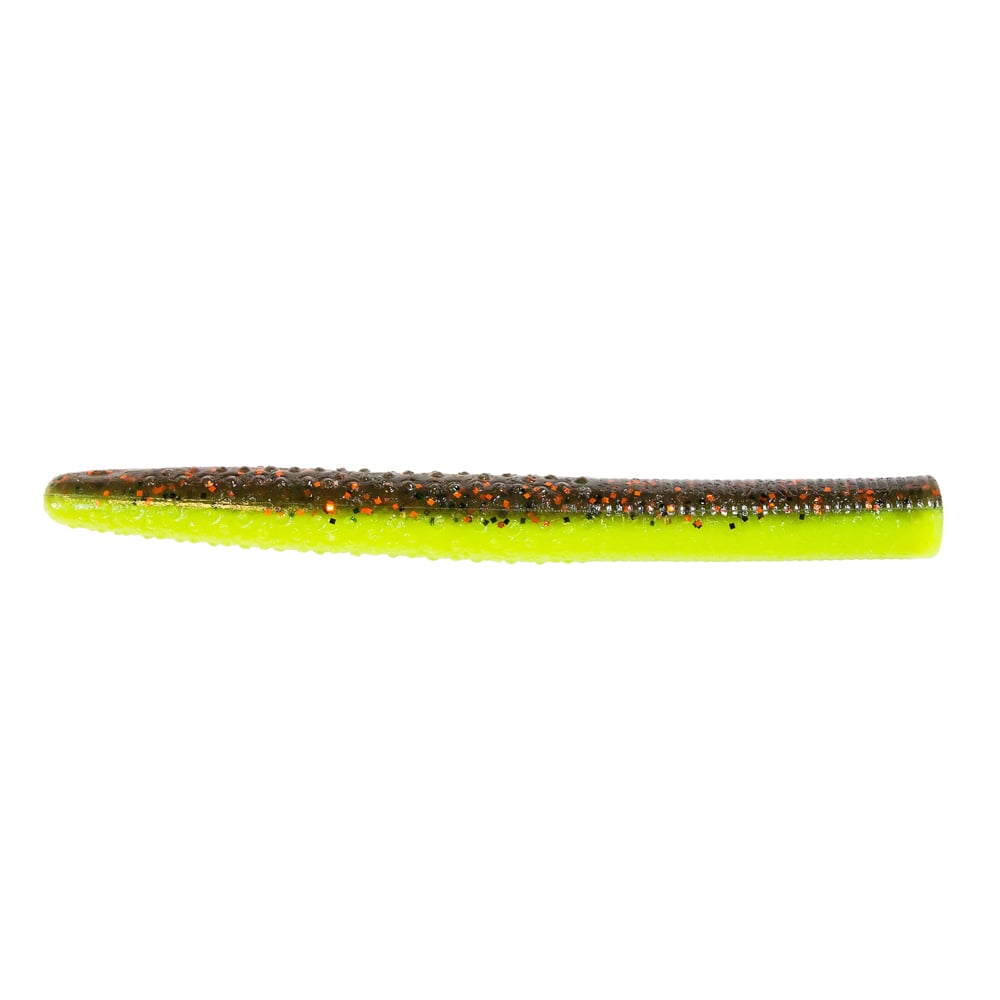 Introducing the Z-Man Big TRD, a soft plastic fishing lure crafted for finesse fishing. Its ElaZtech construction highlights a two-tone design with a dark brown top, red specks, and a vibrant yellow-green underside for unparalleled attraction.