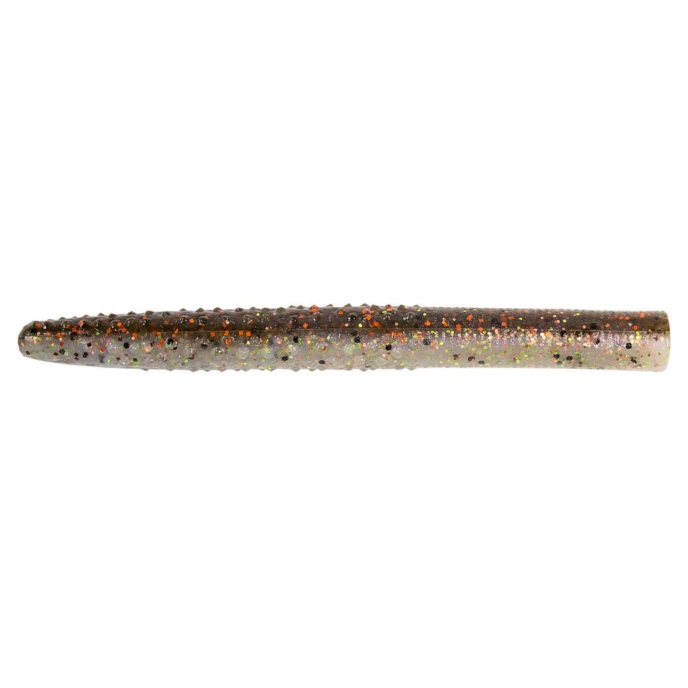 The Z-Man Big TRD soft plastic lure, perfect for finesse fishing, features a worm-like shape with a gradient color from dark to light. Made with ElaZtech construction, its textured surface has small, colorful specks that create an eye-catching shimmer.