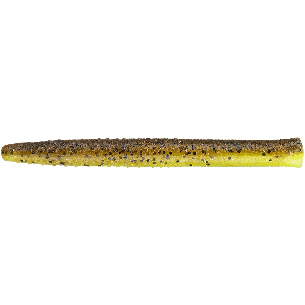 The Z-Man Big TRD is a green and yellow tapered soft plastic worm-style lure with black speckles, ideal for finesse fishing. Made with durable and flexible ElaZtech material, it's perfect for your next angling adventure.