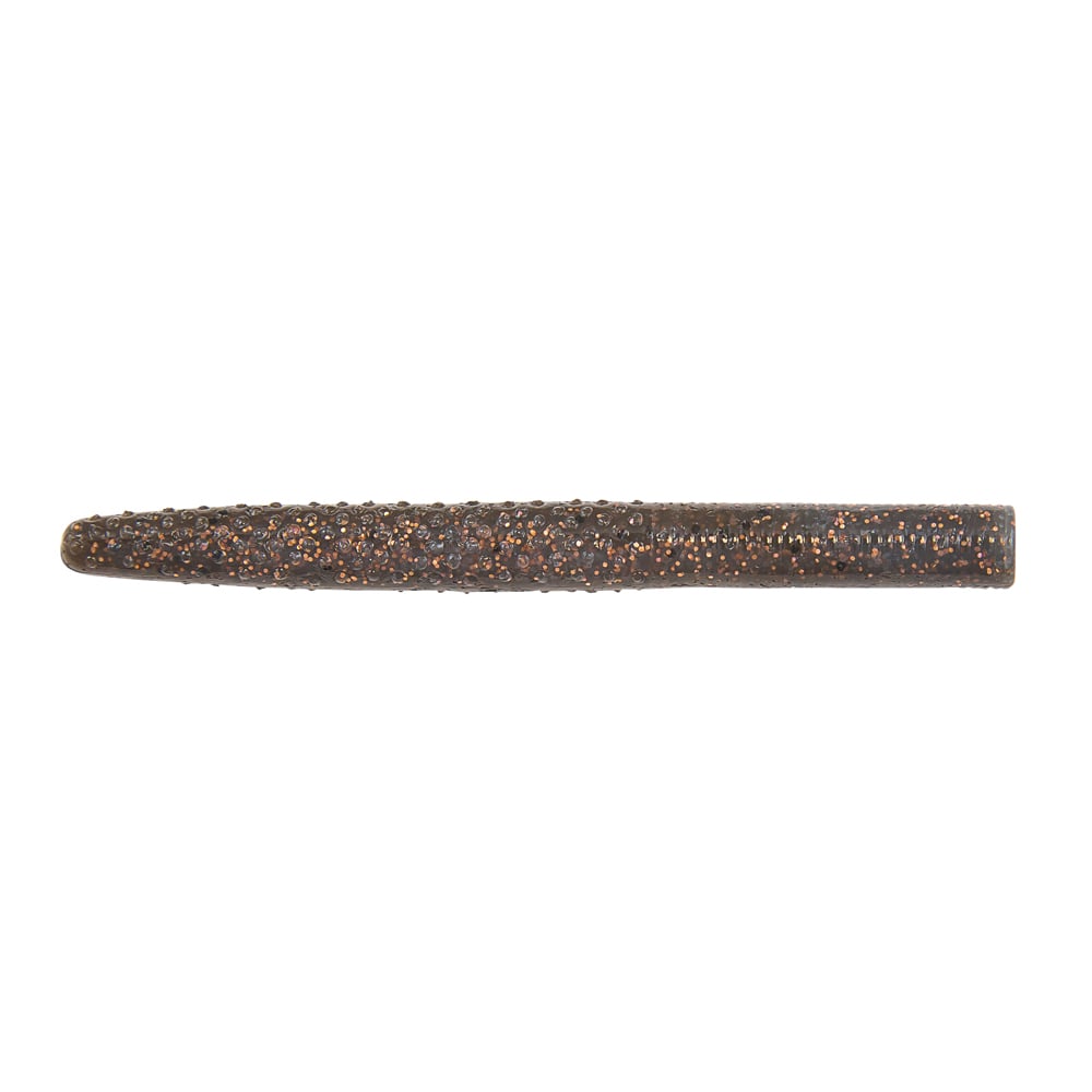 A dark brown, cylindrical Z-Man Big TRD lure has a slightly tapered shape. Designed for finesse fishing, its ElaZtech build features a textured surface with small bumps and glitter. The lure is isolated against a white background.