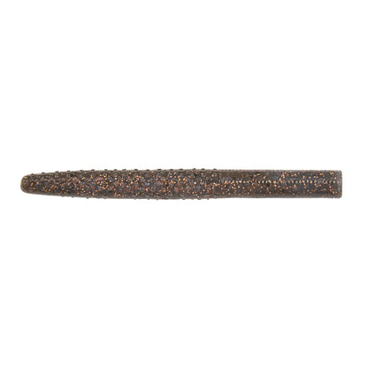 A dark brown, cylindrical Z-Man Big TRD lure has a slightly tapered shape. Designed for finesse fishing, its ElaZtech build features a textured surface with small bumps and glitter. The lure is isolated against a white background.
