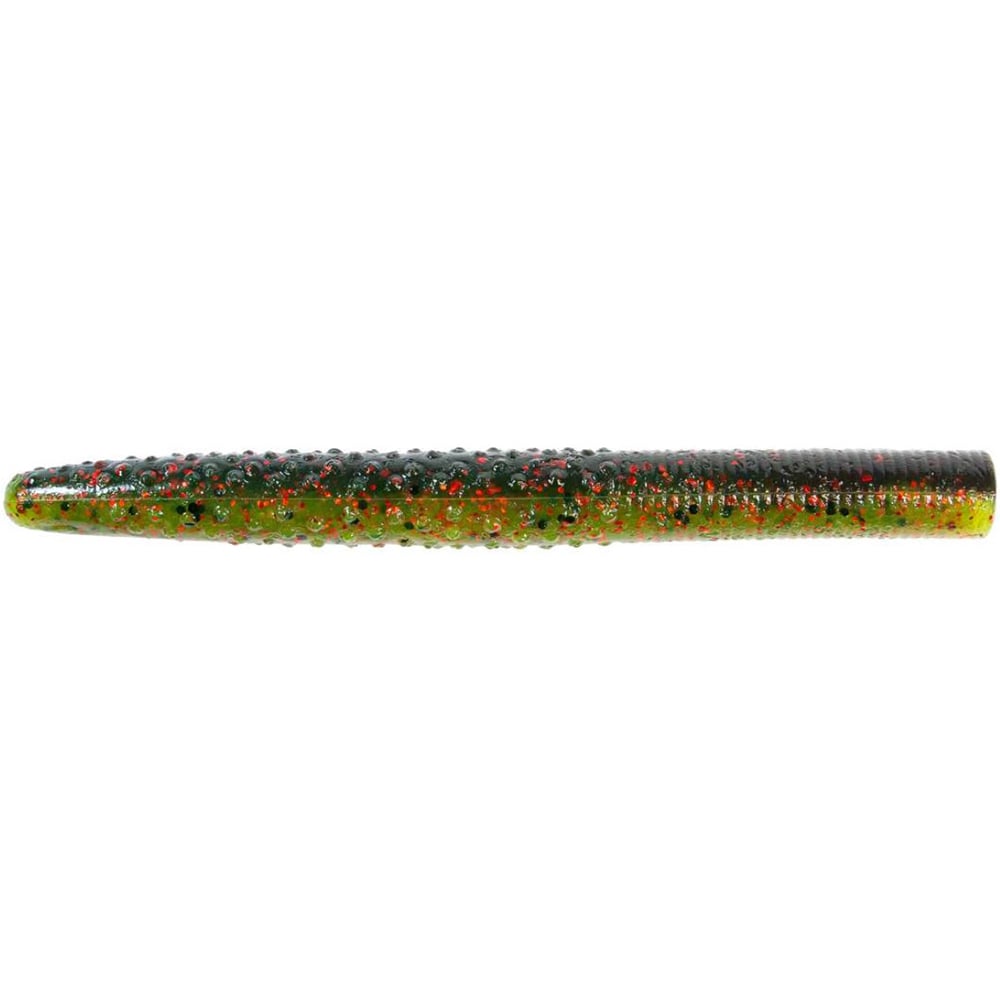 The Z-Man Big TRD, a worm-like ElaZtech soft plastic lure, is expertly designed in green and dark hues with red and black speckles. Its textured surface and cylindrical shape make it ideal for catching Big TRD.