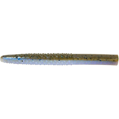 The Z-Man Big TRD by Z-Man is a worm-shaped ElaZtech soft plastic fishing lure with a textured surface. Its top half sparkles in green, while the bottom gleams white. Ideal for finesse techniques, this lure is perfect like the Power Finesse ShroomZ.