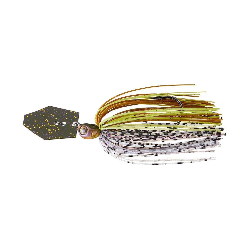 The Z-Man Chatterbait Elite Tungsten EVO features a hexagonal speckled metallic blade, realistic eye, and a skirt with yellow, green, black, and white strands. This Z-Man lure is shown isolated on a white background.