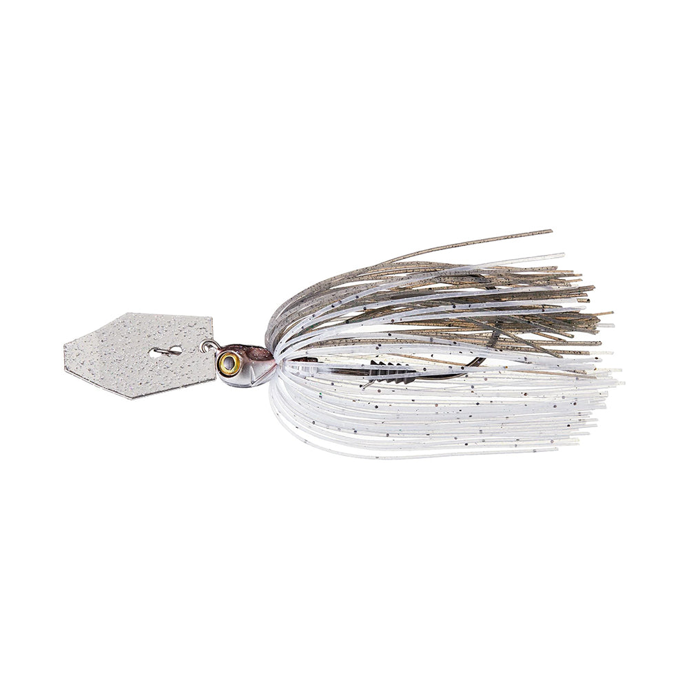 The Z-Man Chatterbait Elite Tungsten EVO is a silver fishing lure with a hexagonal metal blade and a skirt of white and gray strands, designed to mimic a small baitfish.