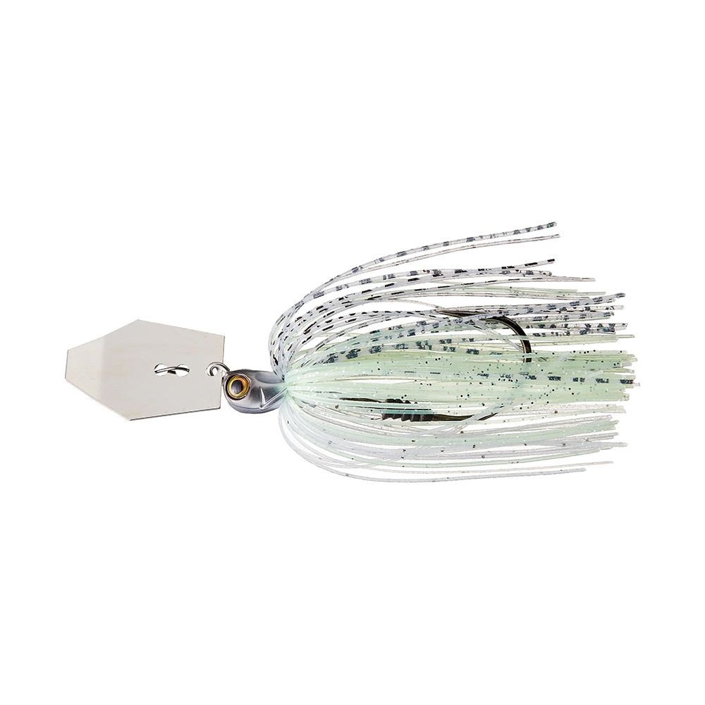 The Z-Man Chatterbait Elite Tungsten EVO by Z-Man features a white and silver design, hexagonal metal blade, round eye detail, and a skirt of thin, speckled strands.