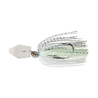 The Z-Man Chatterbait Elite Tungsten EVO by Z-Man features a white and silver design, hexagonal metal blade, round eye detail, and a skirt of thin, speckled strands.