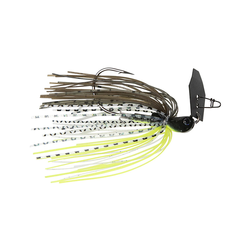 This image features the Z-Man Evergreen Chatterbait Jack Hammer Baby Jack lure, designed with a yellow, white, black, and brown skirt. Its expertly engineered blade mimics small fish, making it irresistible for bass fishing enthusiasts.