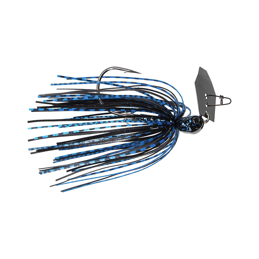 The Z-Man Evergreen Chatterbait Jack Hammer Baby Jack is a top-tier fishing lure with a metal head and black hook, designed for bass fishing. It features multiple strands in blue and black, expertly imitating a small fish or insect to attract your catch.