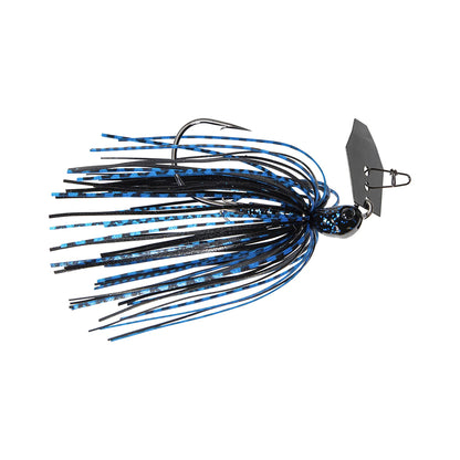 The Z-Man Evergreen Chatterbait Jack Hammer Baby Jack is a top-tier fishing lure with a metal head and black hook, designed for bass fishing. It features multiple strands in blue and black, expertly imitating a small fish or insect to attract your catch.