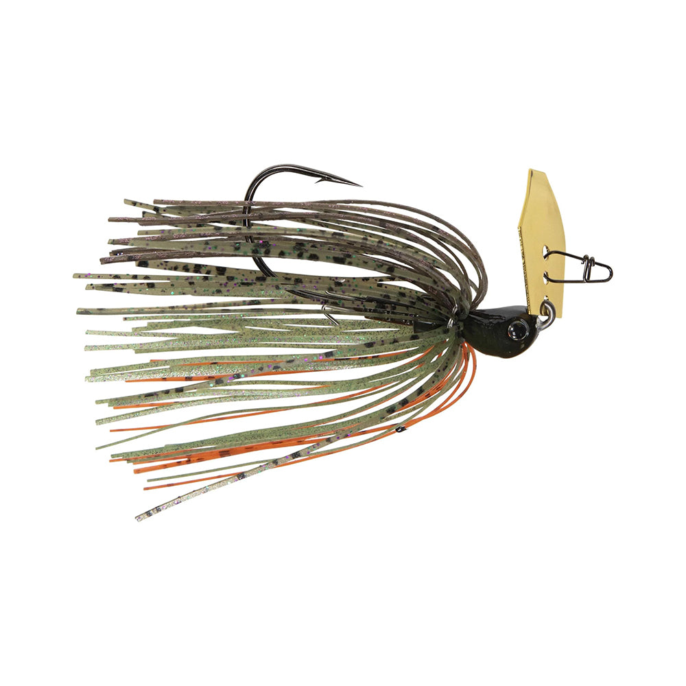 The Z-Man Evergreen Chatterbait Jack Hammer Baby Jack is a bass fishing lure with a gold blade and a multi-colored skirt in green and orange. It features an upward-curving sharp hook to mimic prey effectively.