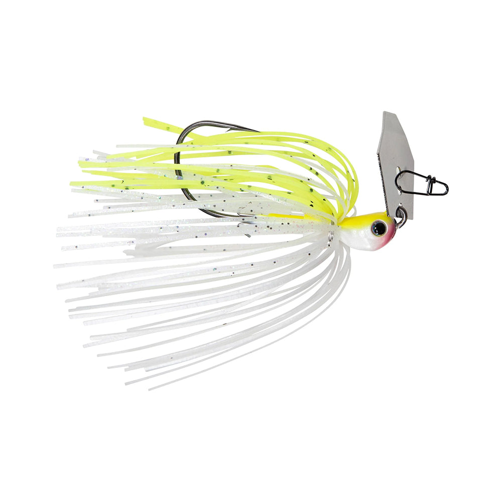Introducing the Z-Man Evergreen Chatterbait Jack Hammer Baby Jack, a top-notch lure for bass fishing enthusiasts featuring a metal hex blade, yellow and white rubber skirt strands, and a primary hook to attract fish with its vibrant colors and dynamic movement.