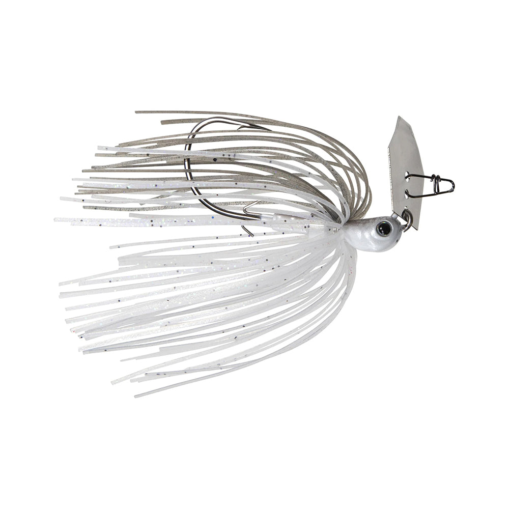 The Z-Man Evergreen Chatterbait Jack Hammer Baby Jack, from Z-Man, features a silver and white skirt, a metal jig head with a black eye, and a small metal blade. Ideal for bass fishing, its sparkly strands create enticing water movement.