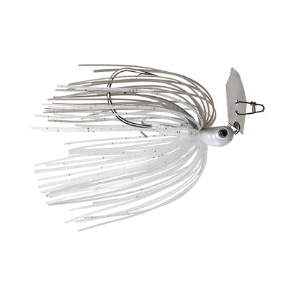 The Z-Man Evergreen Chatterbait Jack Hammer Baby Jack, from Z-Man, features a silver and white skirt, a metal jig head with a black eye, and a small metal blade. Ideal for bass fishing, its sparkly strands create enticing water movement.