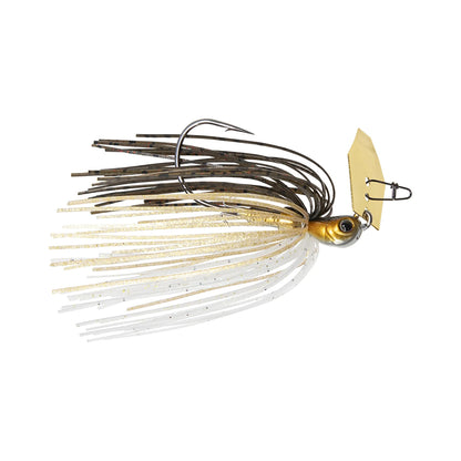 The Z-Man Evergreen Chatterbait Jack Hammer Baby Jack features a gold fish-head design, large metal hook, and long, flexible brown, gold, and white strands. Ideal for bass fishing, it mimics a jig with a front blade for increased vibration and attraction.