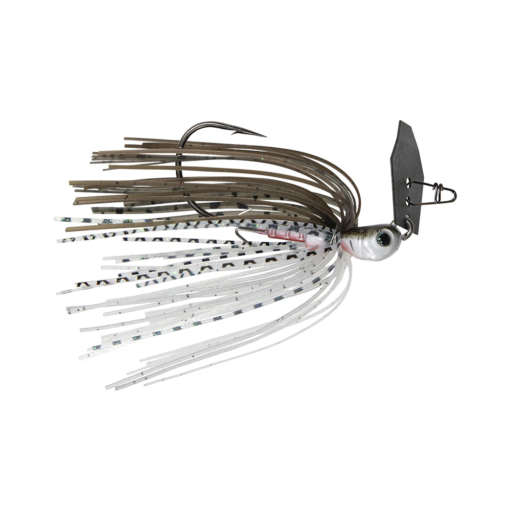 The Z-Man Evergreen Chatterbait Jack Hammer Baby Jack is a premium fishing lure designed for bass fishing. It boasts a jig head with a metallic hook and skirt strands in black, white, brown, plus an expertly crafted flexible, scale-like attachment to attract fish effortlessly.