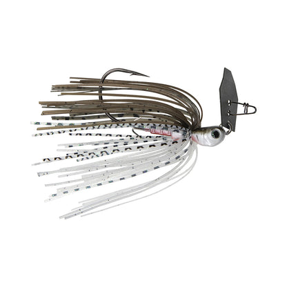 The Z-Man Evergreen Chatterbait Jack Hammer Baby Jack is a premium fishing lure designed for bass fishing. It boasts a jig head with a metallic hook and skirt strands in black, white, brown, plus an expertly crafted flexible, scale-like attachment to attract fish effortlessly.