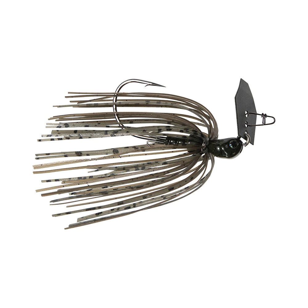 The Z-Man Evergreen Chatterbait Jack Hammer Baby Jack, ideal for bass fishing, boasts a metallic hook with a skirt of flat, black and grey striped strands. Its seamlessly attached head features a black angular blade for optimal water movement.