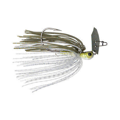 Discover the Z-Man Evergreen Chatterbait Jack Hammer Baby Jack, a premium lure for bass fishing featuring a jig head with a metallic hook and olive green and white rubbery strands that mimic a lifelike tail, enticing even the most elusive catches.