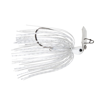 The Z-Man Evergreen Chatterbait Jack Hammer Baby Jack features a white rubber skirt, metallic hook, and hexagonal blade for dynamic water movement, making it ideal for bass fishing and effective in attracting fish.
