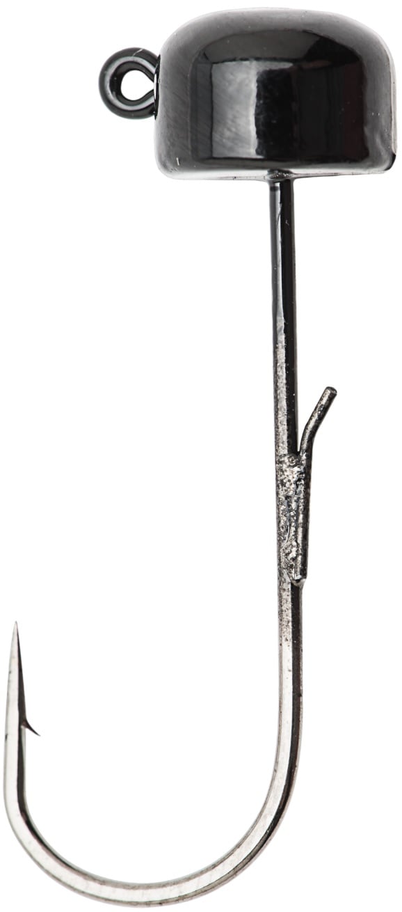 A close-up of the Z-Man Finesse ShroomZ jig head shows its rounded, shiny black design and sharp, curved hook—ideal for Ned Rig setups with ElaZtech baits.