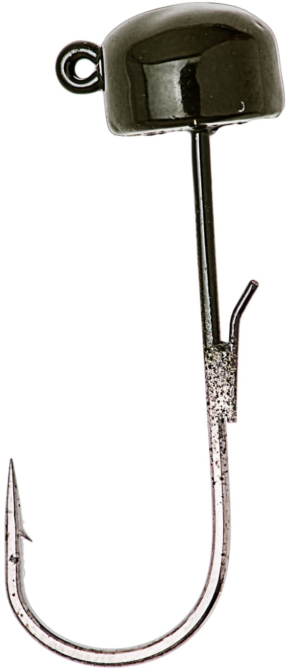 A close-up of a Z-Man Finesse ShroomZ jig head hook, featuring a rounded dark metallic head and sharp curved point, perfect for Ned Rig setups with ElaZtech baits, displayed against a white background.