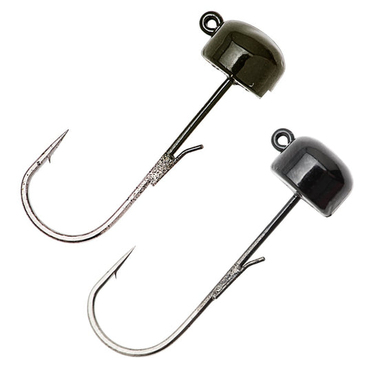 Two Z-Man Finesse ShroomZ jig heads from Z-Man, featuring rounded weighted heads and sharp barbs, designed for the Ned Rig and pairing perfectly with ElaZtech baits, shown side by side on a white background.