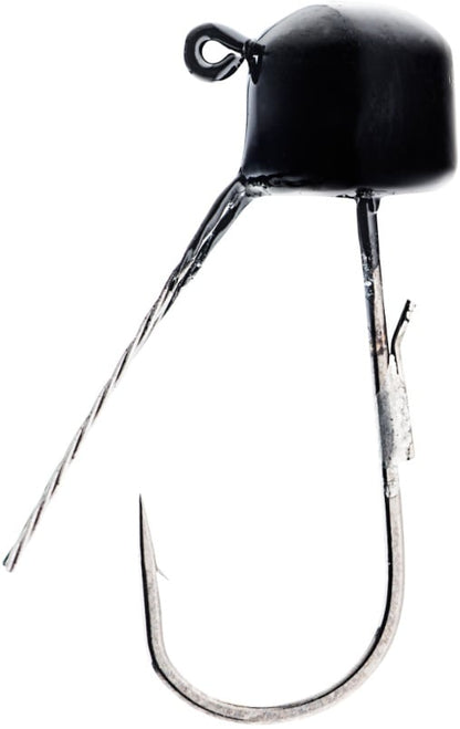 The Z-Man Finesse ShroomZ Weedless jig boasts a black-painted head with a weed guard wire to prevent snags. Its shiny, curved hook is ideal for Ned Rig setups and durable ElaZtech baits, showcasing the brand's commitment to quality and performance in every detail.