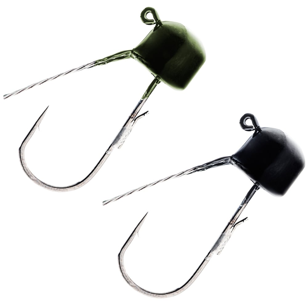 The Z-Man Finesse ShroomZ Weedless hooks come with angled metal tips, making them perfect for Ned Rig setups. One features a green head and the other a black head, ideal for pairing with ElaZtech baits in any angler's tackle box. Displayed on a white background.
