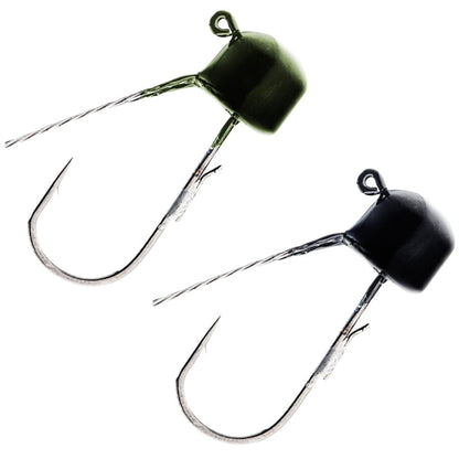 The Z-Man Finesse ShroomZ Weedless hooks come with angled metal tips, making them perfect for Ned Rig setups. One features a green head and the other a black head, ideal for pairing with ElaZtech baits in any angler's tackle box. Displayed on a white background.