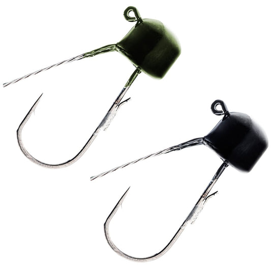 The Z-Man Finesse ShroomZ Weedless hooks come with angled metal tips, making them perfect for Ned Rig setups. One features a green head and the other a black head, ideal for pairing with ElaZtech baits in any angler's tackle box. Displayed on a white background.