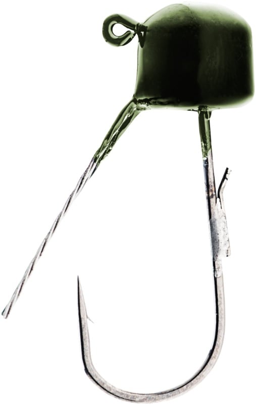 The Z-Man Finesse ShroomZ Weedless jig by Z-Man features a green, rounded head and shiny hook with a sharp point enhanced by twisted wire. Ideal for Ned Rig setups, it offers precision and durability. Isolated on white, it's designed for ElaZtech baits.