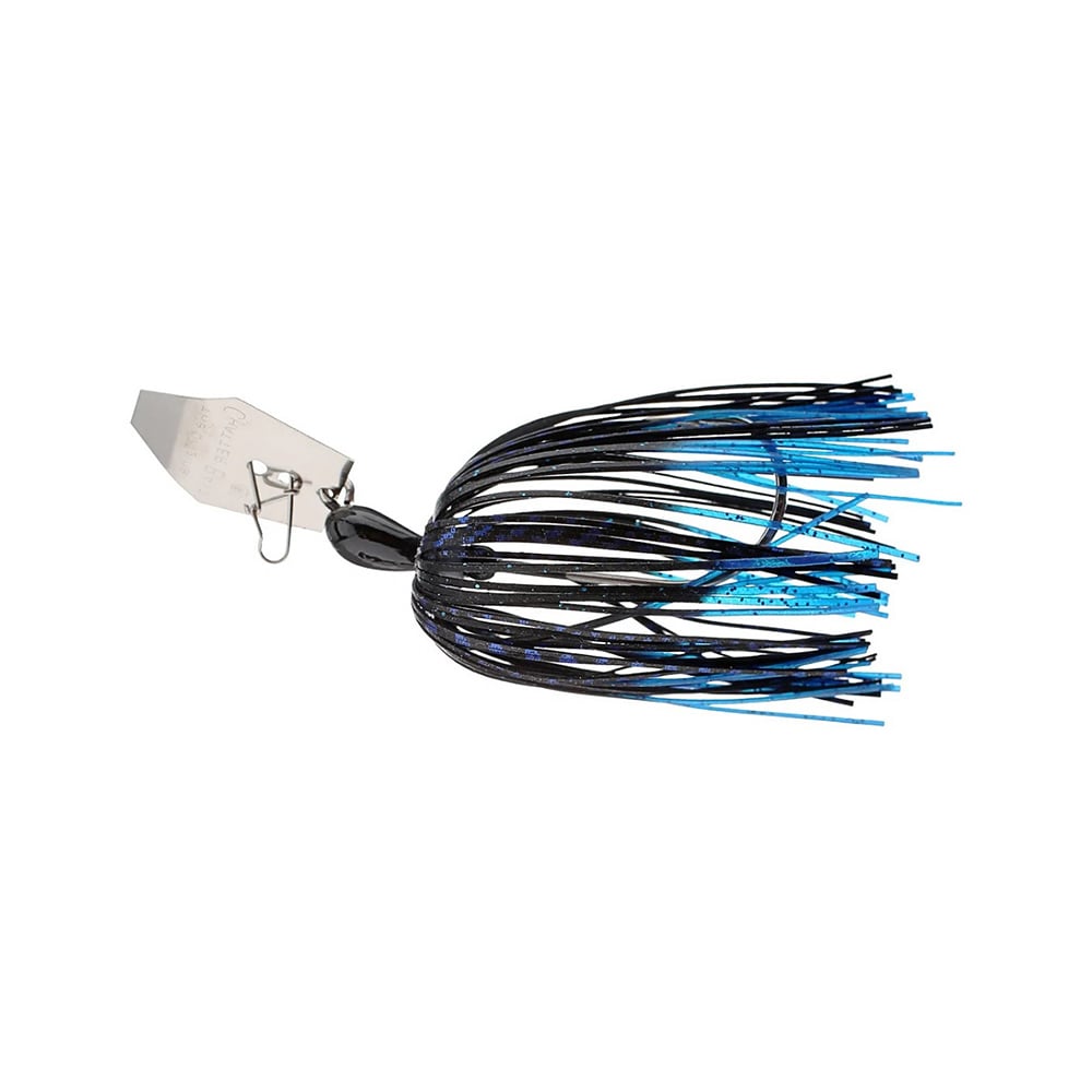 The Z-Man Original Chatterbait features a hexagonal metal blade, a black and blue silicone skirt with long, thin strands for enhanced movement, and a hook, making it an effective bladed swim jig for attracting fish.