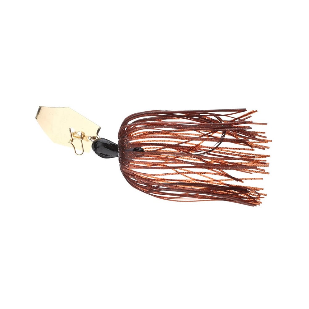 The Z-Man Original Chatterbait, by Z-Man, features a gold hex-shaped blade with an orange-brown skirt. Its blade is attached to a black, tear-shaped head from which multiple strands cascade elegantly.