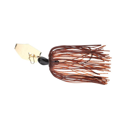The Z-Man Original Chatterbait, by Z-Man, features a gold hex-shaped blade with an orange-brown skirt. Its blade is attached to a black, tear-shaped head from which multiple strands cascade elegantly.