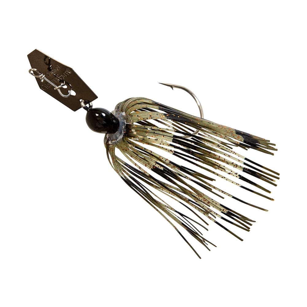 The Z-Man Original Chatterbait features a shiny hex-shaped blade and a dark head with a rubber skirt in green, black, and clear strands. This lure from Z-Man enhances vibration and visibility to effectively attract fish.