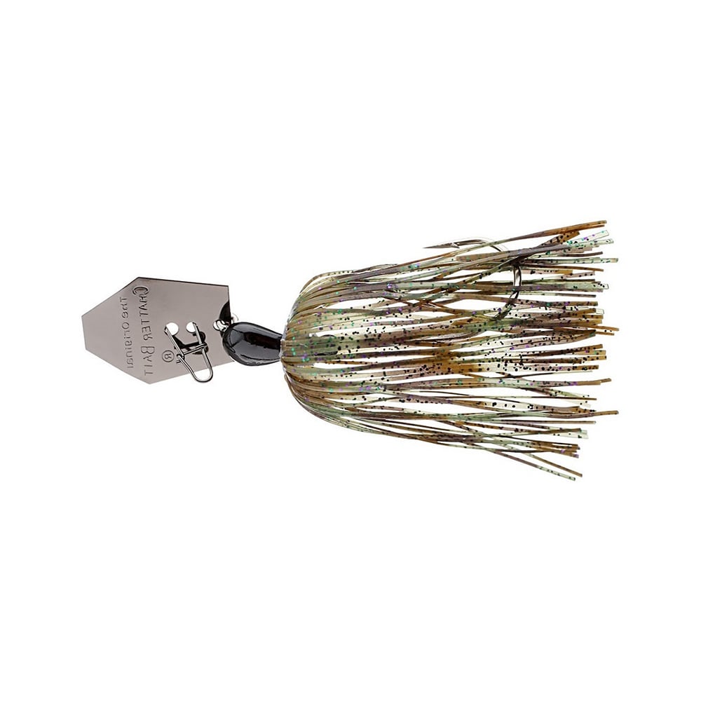 Meet the Z-Man Original Chatterbait by Z-Man, showcasing a silver hexagonal metal blade that dances through the water. This bladed swim jig includes a brown and olive-green skirt with a sleek black head, expertly designed to attract fish with its undeniable charm.
