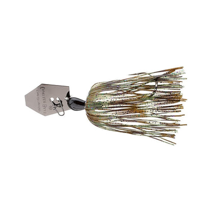 Meet the Z-Man Original Chatterbait by Z-Man, showcasing a silver hexagonal metal blade that dances through the water. This bladed swim jig includes a brown and olive-green skirt with a sleek black head, expertly designed to attract fish with its undeniable charm.