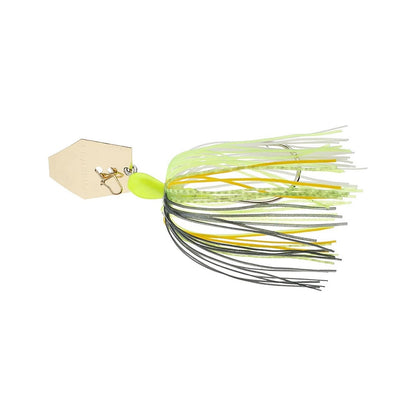 The Z-Man Original Chatterbait from Z-Man is a versatile green and yellow fishing lure featuring multiple strands in varying shades like white and gray, with a distinctive hexagonal blade for attracting fish effectively.