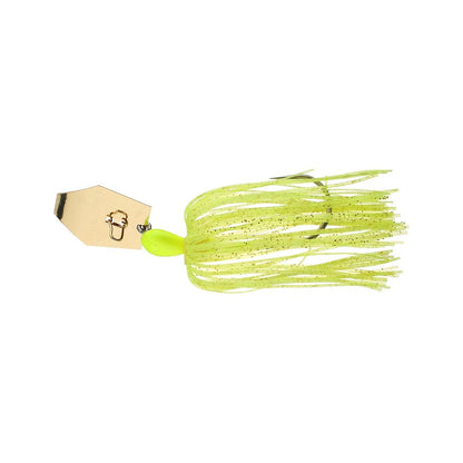 The Z-Man Original Chatterbait features a gold hex-shaped blade and a bright yellow-green skirt with fine glitter accents, designed to attract fish. It includes a partially visible hook, all set against a plain white background.